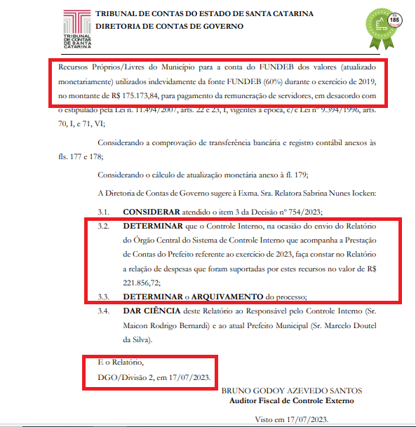 Apiúna devolve mais de R$ 221 mil usados indevidamente do FUNDEB por determinação do TCE 1 TCEApiuna