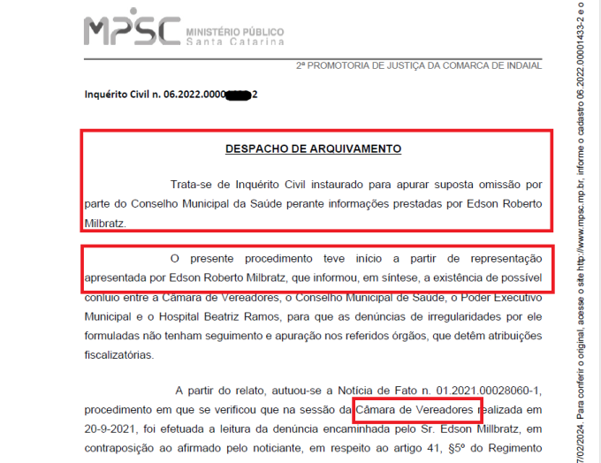 Investigação envolvendo Câmara de Indaial, Hospital e Conselho Municipal de Saúde foi arquivada 1 MPSC Inda