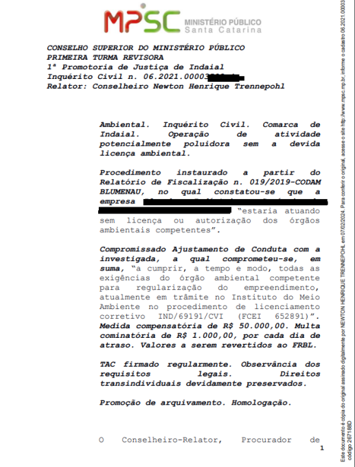 Empresa é multada em R$ 50 mil por operar sem licença ambiental em Indaial 1 MPSCdeci