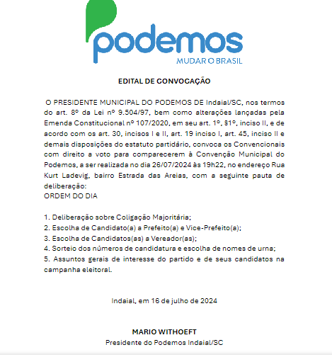 EDITAL DE CONVOCAÇÃO DO PODEMOS INDAIAL 1 editalpodemos
